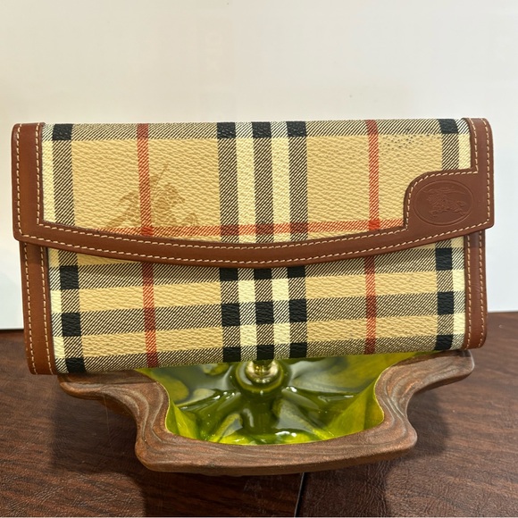 Burberry Handbags - Burberry Haymarket Check coated canvas long wallet with brown leather trim